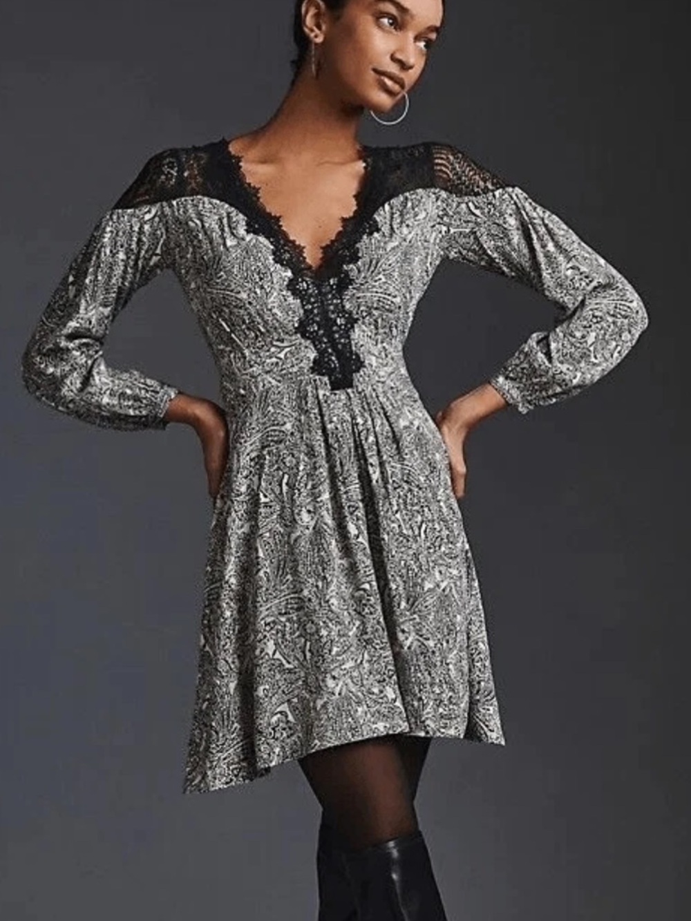 Anthropologie Black and White Paisley Lace-Trim Long Sleeve Dress